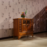 中式家具仿古实木餐边柜雕花鞋柜橱柜 榆木小柜两门两斗多功能柜