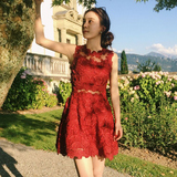 镂空蕾丝连衣裙透视无袖背心裙红色蕾丝裙优雅时尚短款渡假裙新款