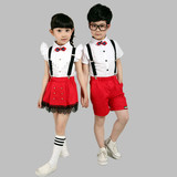 六一儿童节背带裤表演服男女童短袖短裤中小学生红色短裙演出服