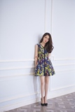 韩国代购16夏季新款印花无袖短裙子V领中长款修身显瘦雪纺连衣裙