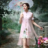 两人故事中国风原创设计复古改良旗袍式连衣裙夏短袖修身女裙子