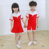 新款幼儿园园服夏季小学生校服演出服夏装短袖套装红白色拼接批发