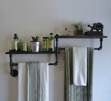 复古铁艺水管墙上壁挂实木置物架层架厨房浴室卫生搁板毛巾收纳架