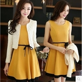 2015新款韩版套装两件套长袖连衣裙春秋季大码女装修身气质背心裙