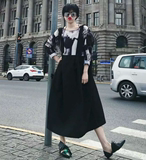NANA韩版街拍印花拼接假两件背带裙中长款宽松长袖套头连衣裙子