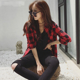 欧美长袖衬衣韩版中长款红黑格子衬衫女款宽松显瘦休闲夏季薄外套