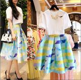 夏季范冰冰同款韩版短袖蓬蓬连衣裙时尚两件套装上衣+半身短裙女