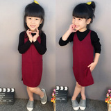 童装女童2016新款秋冬红色针织纯棉长袖连衣裙黑色卫衣两件套套装