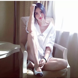 韩国代购2016夏季中长款BF白色衬衫女长袖宽松一字领露肩短袖上衣