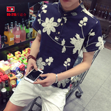 夏季男士中国风亚麻刺绣花短袖衬衫加肥大码潮修身半袖棉麻衬衣男