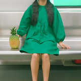 韩国ulzzang秋装女装复古绿色可爱复古泡泡灯笼长袖娃娃衫连衣裙