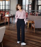 2016夏韩国金素妍同款粉色竖条纹衬衫女中长款长袖大码宽松打底衫