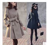 韩国秋冬季妮子腰带2016新款中长款 收腰茧型双面羊绒大衣女外套