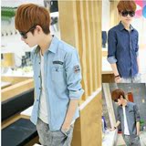 春季男士长袖牛仔衬衫韩版潮修身衬衣青少年学生夏季外穿薄款外套