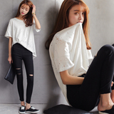 韩版夏季通勤时尚宽松显瘦V领破洞短袖T恤女 个性剪领休闲上衣潮