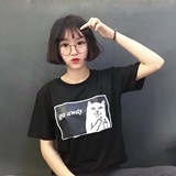 韩国ulzzang原宿风软妹猫咪英文字母印花宽松圆领短袖T恤女学生潮