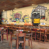 3D立体涂鸦复古建筑主题壁纸餐厅咖啡奶茶店港式文化墙纸大型壁画