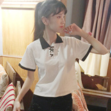 韩国夏装韩版学院风polo领拼色短袖T恤女原宿学生短款保罗衫上衣