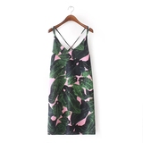 2016夏季新款欧美大牌女装热带风情棕榈叶图案性感吊带连衣裙短裙