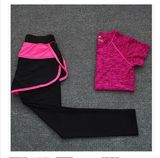 大码瑜伽服套装女夏季专业运动跑步健身短袖假两件短裤胖MM200斤
