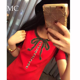 MC欧美女装 大牌同款大红色圆领显瘦修身短袖镶钻重工钉珠连衣裙