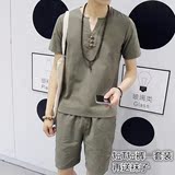 男装日系复古亚麻短袖T恤男夏季上衣搭配韩版棉麻短裤一套装男潮