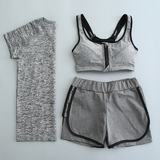 健身房瑜伽服套装三件套女夏运动跑步显瘦速干短袖假两件健身短裤