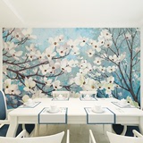 大型手绘田园壁画定制欧式复古油画樱花壁纸客厅沙发电视背景墙纸