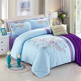简约中式韩式风格绣花床品床上用品床单四件套全棉纯棉淡天粉蓝色