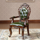 欧式实木布艺餐椅头层真皮扶手椅子美式书桌椅雕花高档酒店白色椅