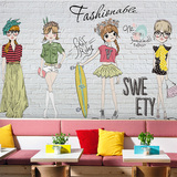 复古3D时尚手绘卡通女孩大型壁画服装店商场咖啡厅餐厅墙纸壁纸