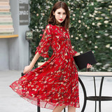 2016夏季女装韩国版修身长裙碎花裙子夏中长款高腰红色真丝连衣裙