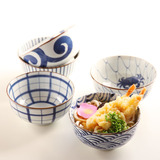 波佐见 日本进口陶瓷面碗 有田烧 釉下彩 青花变绘面碗饭碗5件套