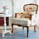 欧式实木橡木老虎椅手工雕花单人沙发法式奢华复古做旧印花休闲椅