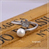 925纯银皇冠珍珠开口戒指指环韩版女款优雅创意饰品礼物简约时尚
