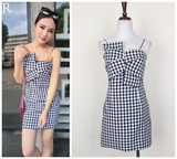 韩国代购夏季新款女装甜美黑白格子不规则吊带抹胸连衣裙修身短裙