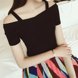 A哚啦2016夏季新款韩版修身 吊带一字领露肩短袖学生T恤女潮6324
