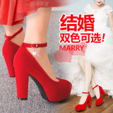 春季新款韩版红色结婚鞋高跟新娘鞋粗跟婚礼女鞋防水台大码单鞋女