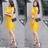 2016夏装新韩版气质显瘦裙子黄色短袖中裙蓬蓬蕾丝A字连衣裙大码