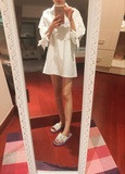 【钱夫人】夏季新款韩版V领蝴蝶结七分袖宽松白色衬衫