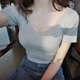2016夏季韩版款新款女士V领短袖T恤衫纯色紧身薄款显瘦打底针织衫