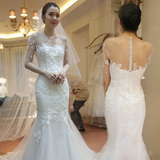 婚纱礼服2016新款新娘结婚鱼尾中袖拖尾一字肩蕾丝修身显瘦韩式