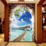 3D立体壁画地中海时尚拱门海边玄关墙纸客厅走廊过道背景墙壁纸
