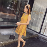 夏季新款2016韩版中长款V领无袖蕾丝勾花连衣裙高腰背心打底裙女