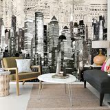 黑白城市建筑大型壁画个性定制背景墙都市夜景 简约客厅墙纸壁纸