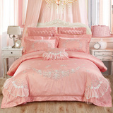 韩式纯棉四件套婚庆床单多件套粉色贡缎刺绣床上用品新品特价包邮