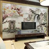 中式 桃花山水风景大型无缝墙纸壁画瀑布电视客厅背景优美