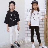 韩版女童白色上衣短袖中大童黑色休闲夏季儿童纯棉笑脸T恤亲子装