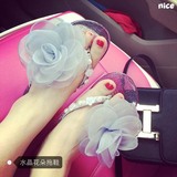 水晶珍珠花朵韩国进口手工拖鞋沙滩鞋海边度假平跟平底夹趾人字拖