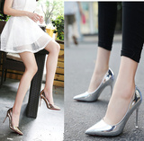 16新款浅口女单鞋银色韩版高跟鞋细跟尖头性感夜店女凉鞋OL女鞋子